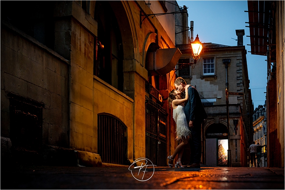 Creative wedding photography in Bristol City Centre, mixing ambient light with off camera flash.