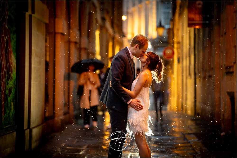 Corn Street, Bristol in the rain - wedding photography with a touch of creativity